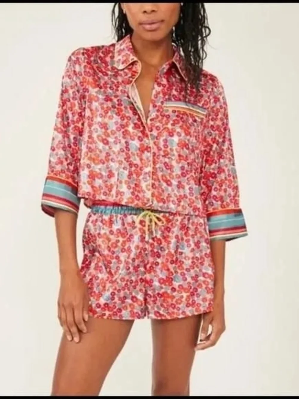 Floral Red Satin Pajama Set with Turquoise Accents